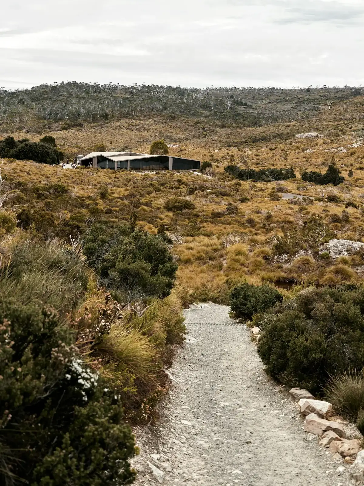 Camp buildings set among coastal heathland under a big sky