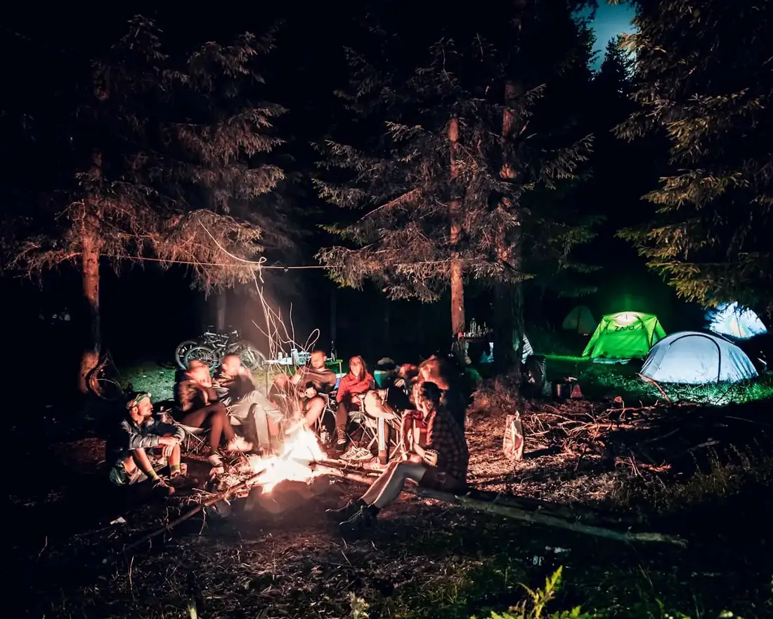 A group of people gathered around a campfire among the trees at night